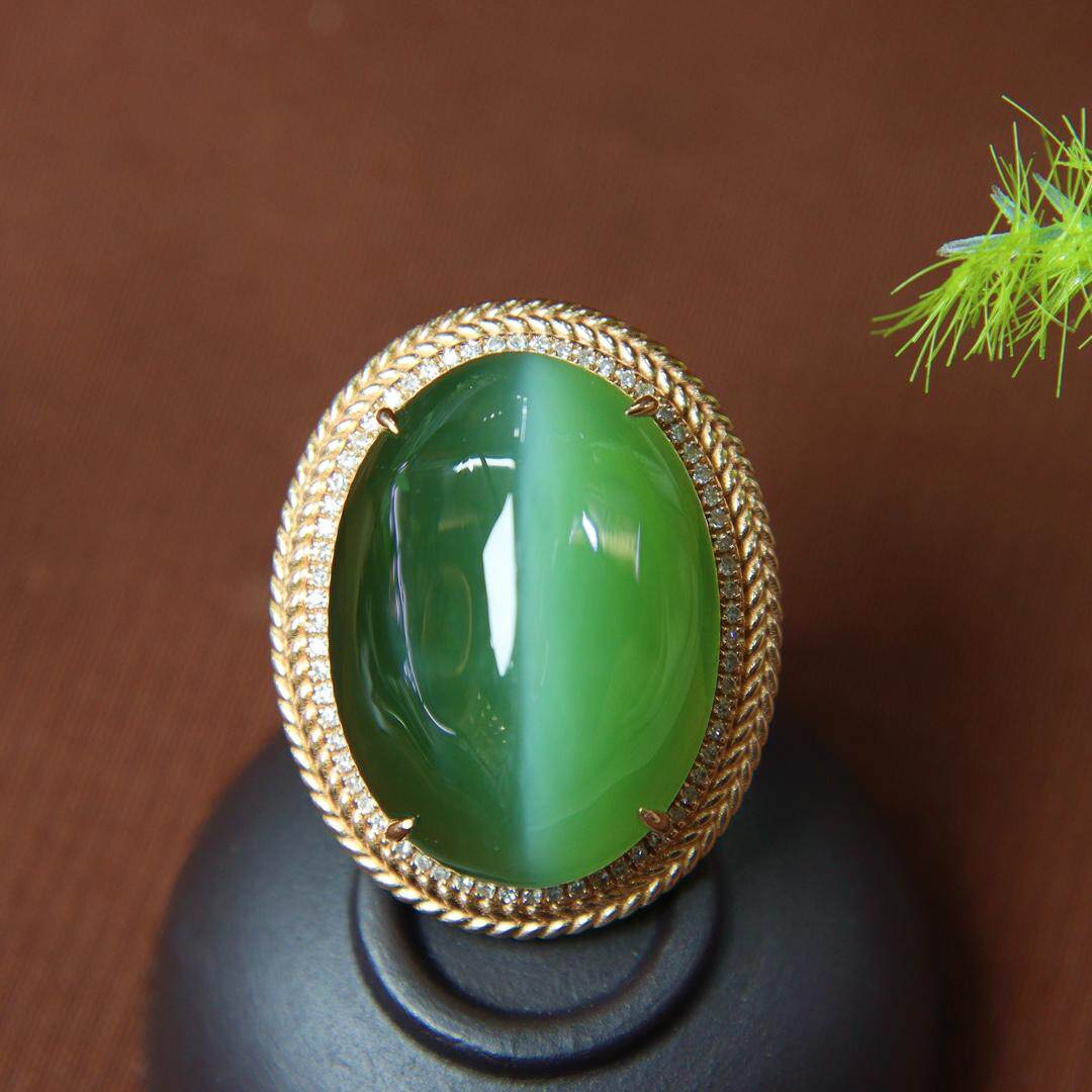 双旦活动天然和田玉吊坠a货满钻豪华冰种猫眼碧玉蛋面镶18k金指环