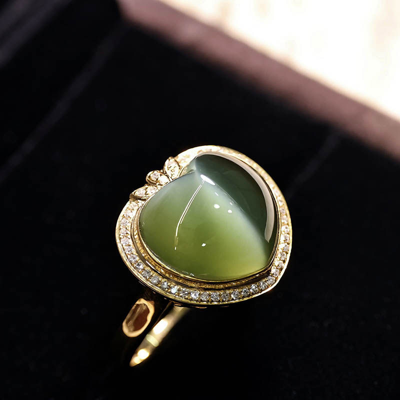 春夏季天然和田玉戒指女满钻绿猫眼碧玉爱心镶18k金指环a货送老婆