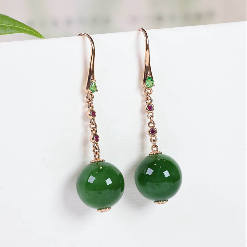 38女神节天然和田玉耳环女菠菜绿碧玉圆珠镶嵌18k金耳坠a货送妈妈