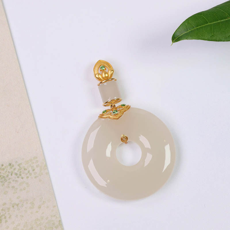 年货节礼物天然和田玉吊坠女a藕粉白玉平安扣镶嵌18k金挂件送领导,珠宝/钻石/翡翠,颈饰,淘宝优惠券,粉丝福利购,淘宝优惠卷