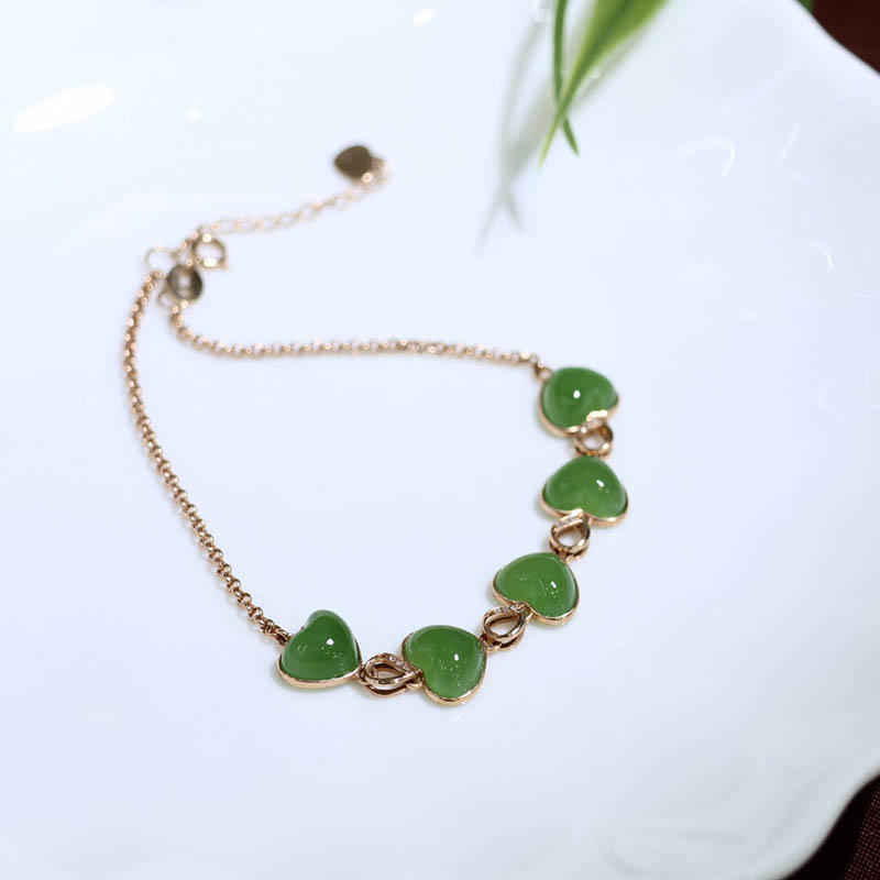 双十一促销天然和田玉手链女a货菠菜绿碧玉爱心镶18k金手串送老婆