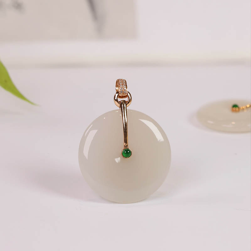 双十二特惠天然和田玉吊坠女a藕粉白玉平安扣镶嵌18k金挂件送妈妈