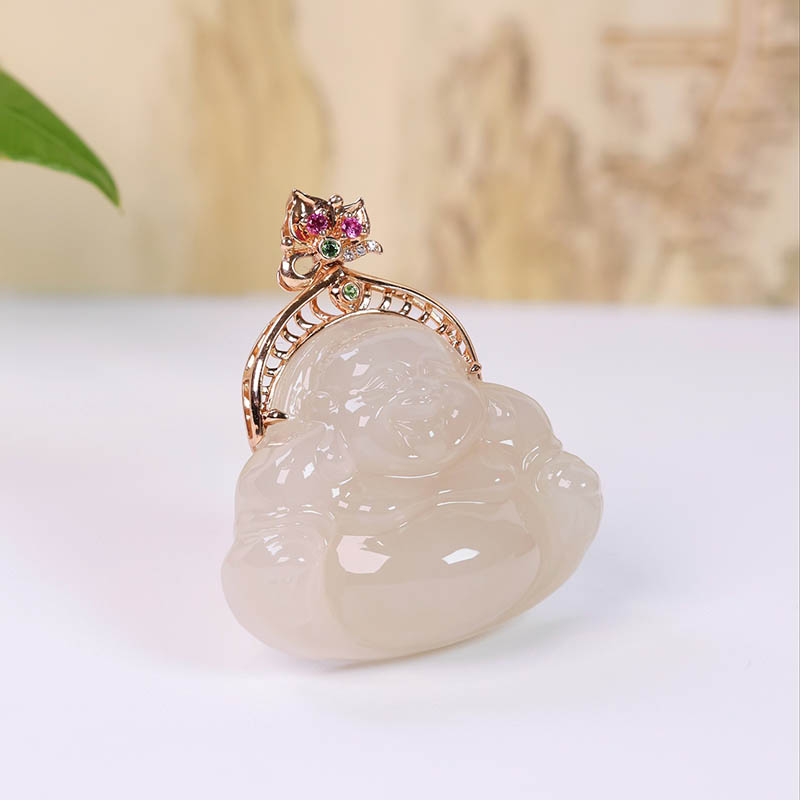 双十二天然新疆和田玉笑佛吊坠女a藕粉白玉佛公镶18k金挂件送老婆