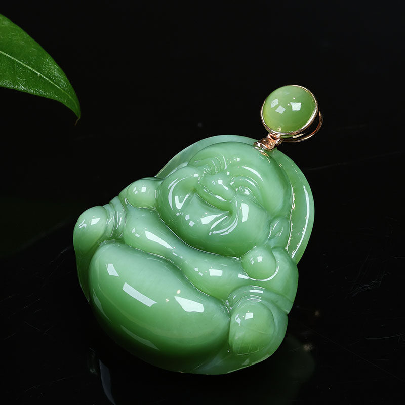 中秋礼物天然和田玉吊坠女a货猫眼碧玉笑佛镶嵌18k金挂件送妈妈
