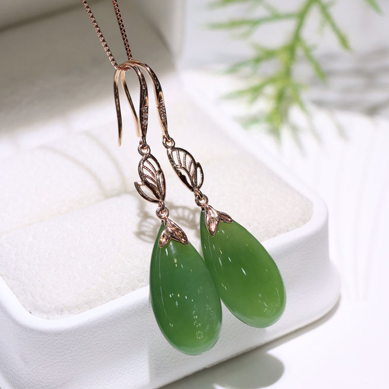 五一劳动节天然和田玉耳坠a老料菠菜绿碧玉双面镶18k金耳环送女友