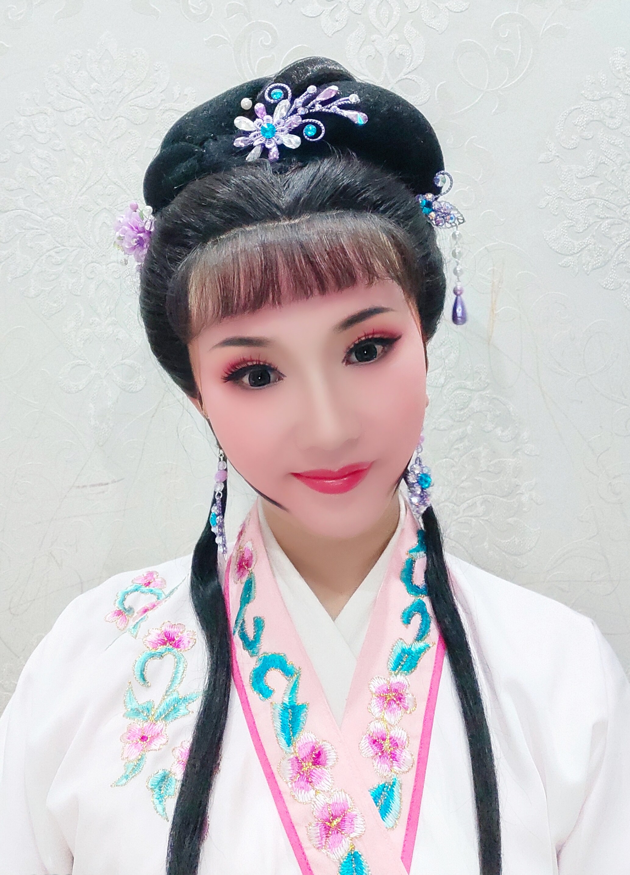 新款古装汉服越剧花旦头饰戏剧京剧青衣紫色水钻耳环发簪发饰套装