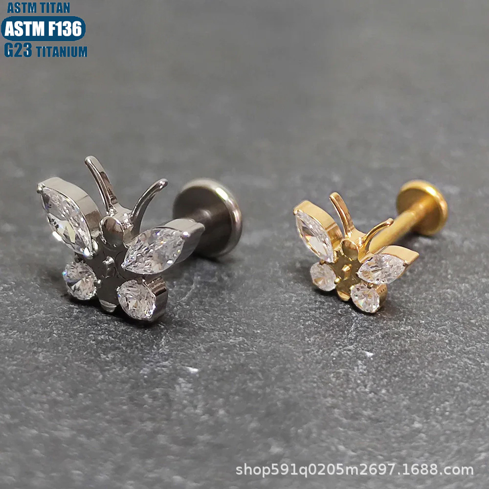 G23钛合金蝴蝶锆石唇环内牙螺纹螺旋穿孔耳环穿刺饰品耳屏小耳钉