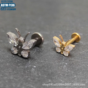 G23钛合金蝴蝶锆石唇环内牙螺纹螺旋穿孔耳环穿刺饰品耳屏小耳钉