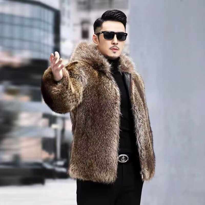2025秋冬新款貉子毛男士连帽皮草外套时尚加厚保暖轻奢裘皮毛大衣