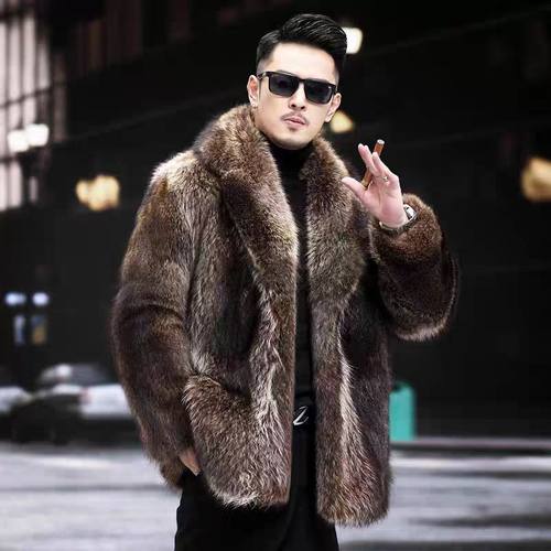冬季男浣熊毛皮草外套西服领中长款加厚保暖大衣气质商务轻奢上衣