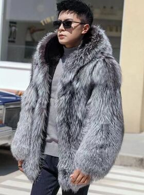 秋冬男款银狐毛连帽外套时尚休闲加厚保暖裘皮仿皮草大衣气质风衣