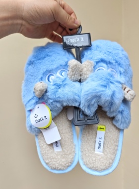 出口欧洲 THAT'S IT原装蓝色毛怪毛茸茸女士拖鞋 家居卧室拖鞋