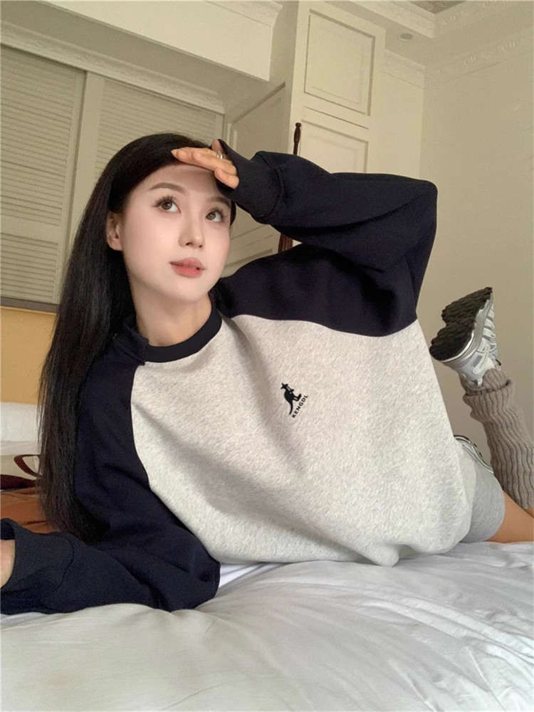 KENGDL 한국 복고풍 디자인 대비 봄 운동복 여성 가을 ??느슨한 중간 길이 느슨한 캐주얼 탑