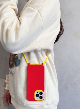 韩国简约红色可斜挎适用iphone14Pr omax苹果13手机壳12Pro/11防摔XR