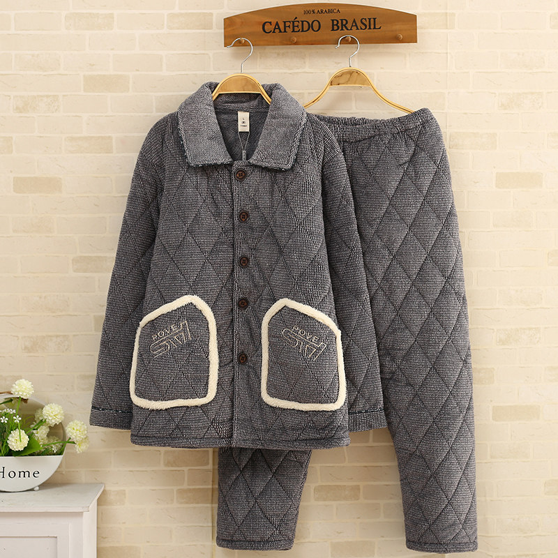 时尚男款冬季加厚夹棉袄睡衣秋冬天珊瑚绒翻领三层加绒家居服套装