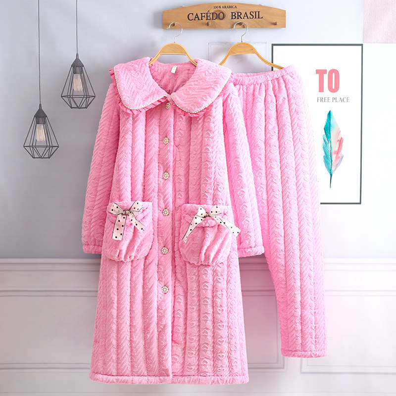 冬天超长款加厚保暖浴袍兔绒夹棉睡衣女款三层珊瑚绒加长版家居服