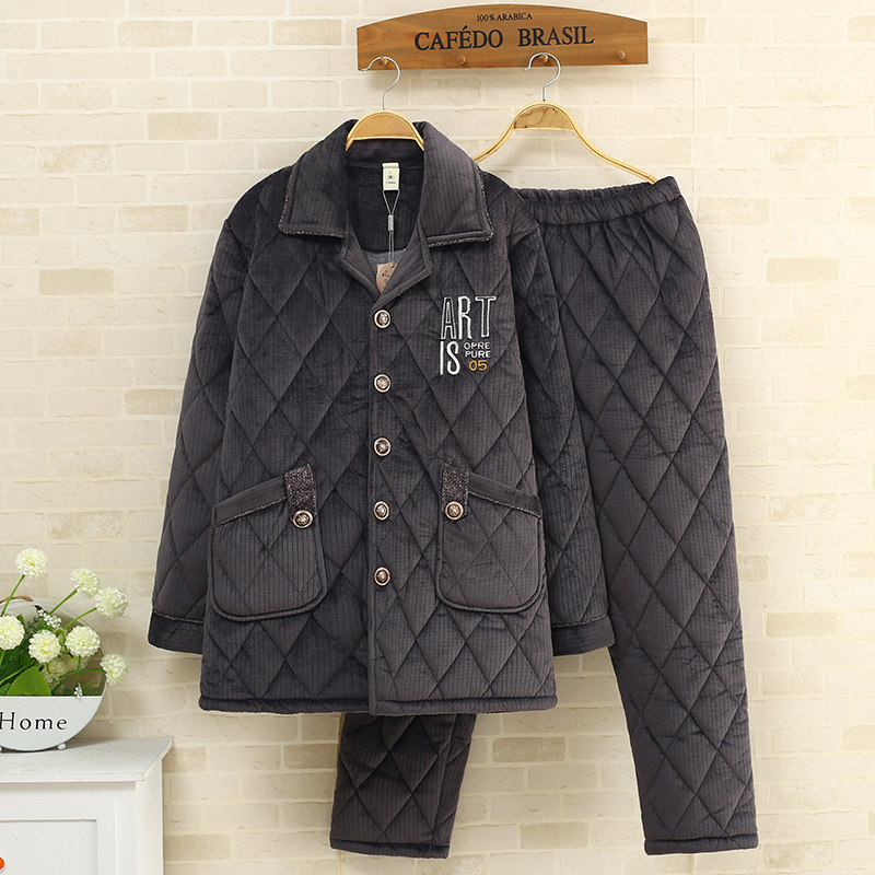 秋冬季珊瑚绒男士睡衣三层加厚加绒夹棉袄法兰绒男款冬天家居服套