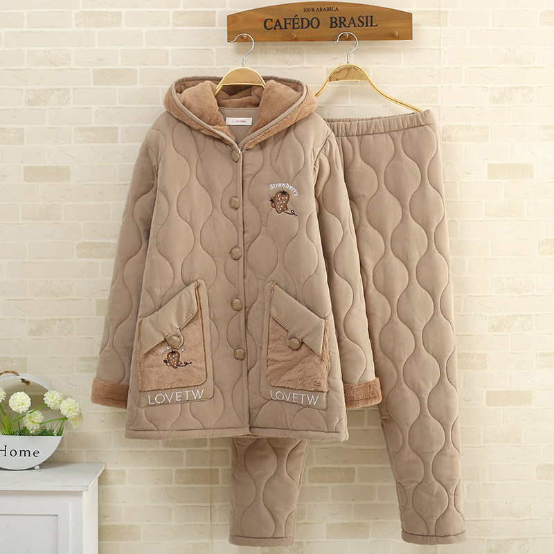 个性可外穿睡衣女冬季加厚秋冬天保暖珊瑚绒时尚夹棉袄带帽家居服