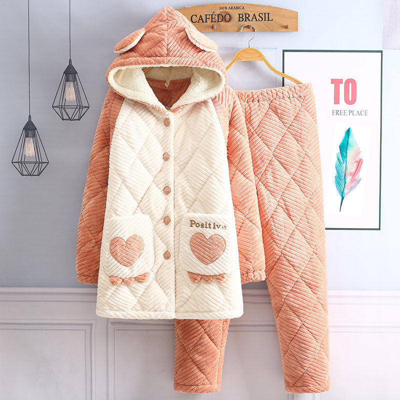 睡衣女2023年新款秋冬天三层夹棉加厚保暖珊瑚绒可外穿连帽家居服