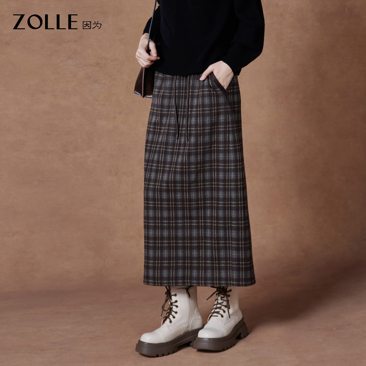 ZOLLE因为英伦风格复古格纹羊毛混纺舒适25秋冬半身裙女,女装/女士精品,半身裙,淘宝优惠券,粉丝福利购,淘宝优惠卷