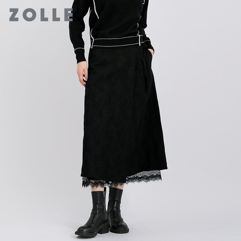 ZOLLE因为秋冬新款纯色暗纹半身裙中长款显瘦优雅半裙百搭女裙子