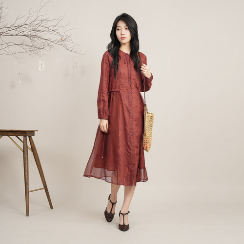 苎麻印花绑带宽松连衣裙春夏