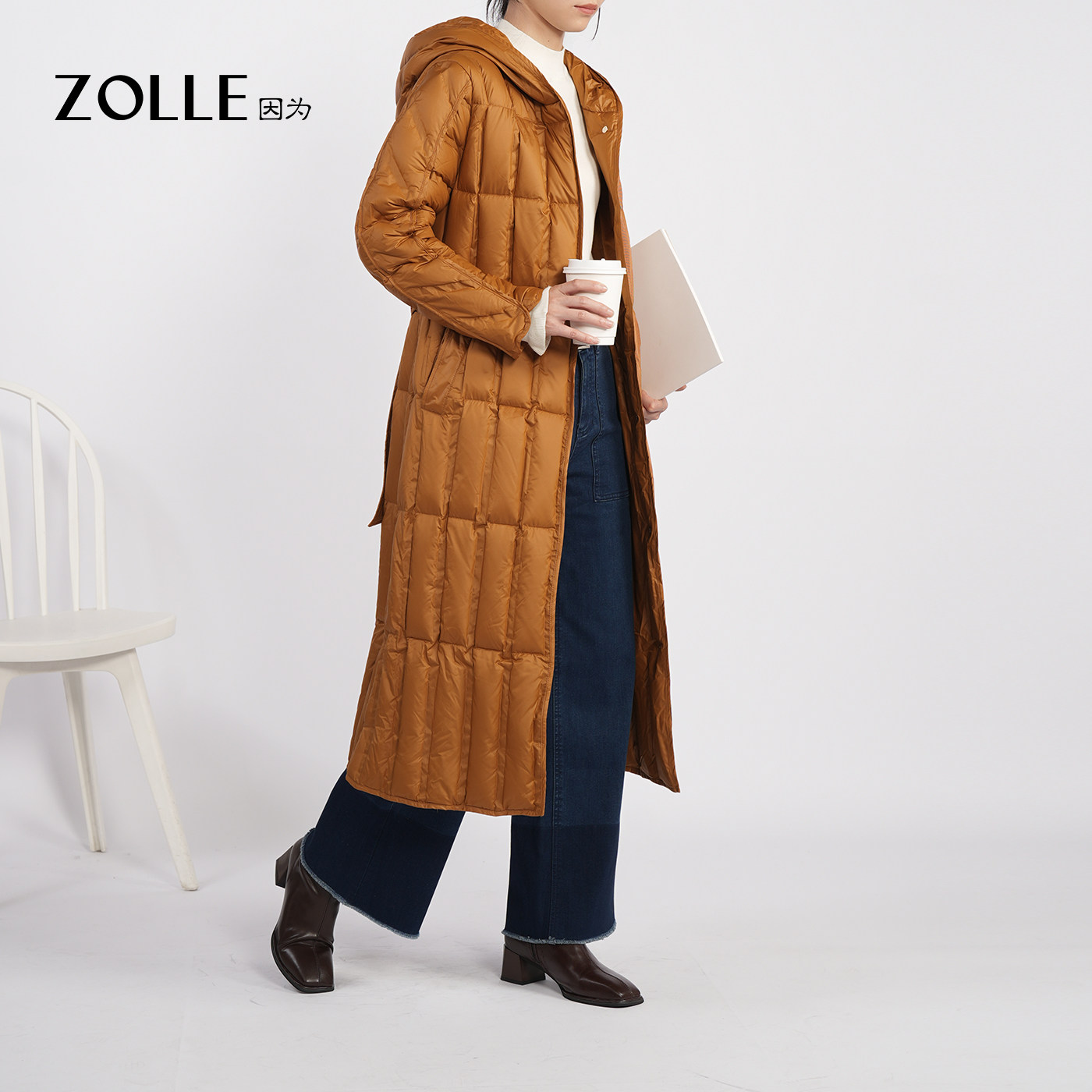 因为极简文艺风莫兰迪色系能量格保暖风衣羽绒服25秋冬新品