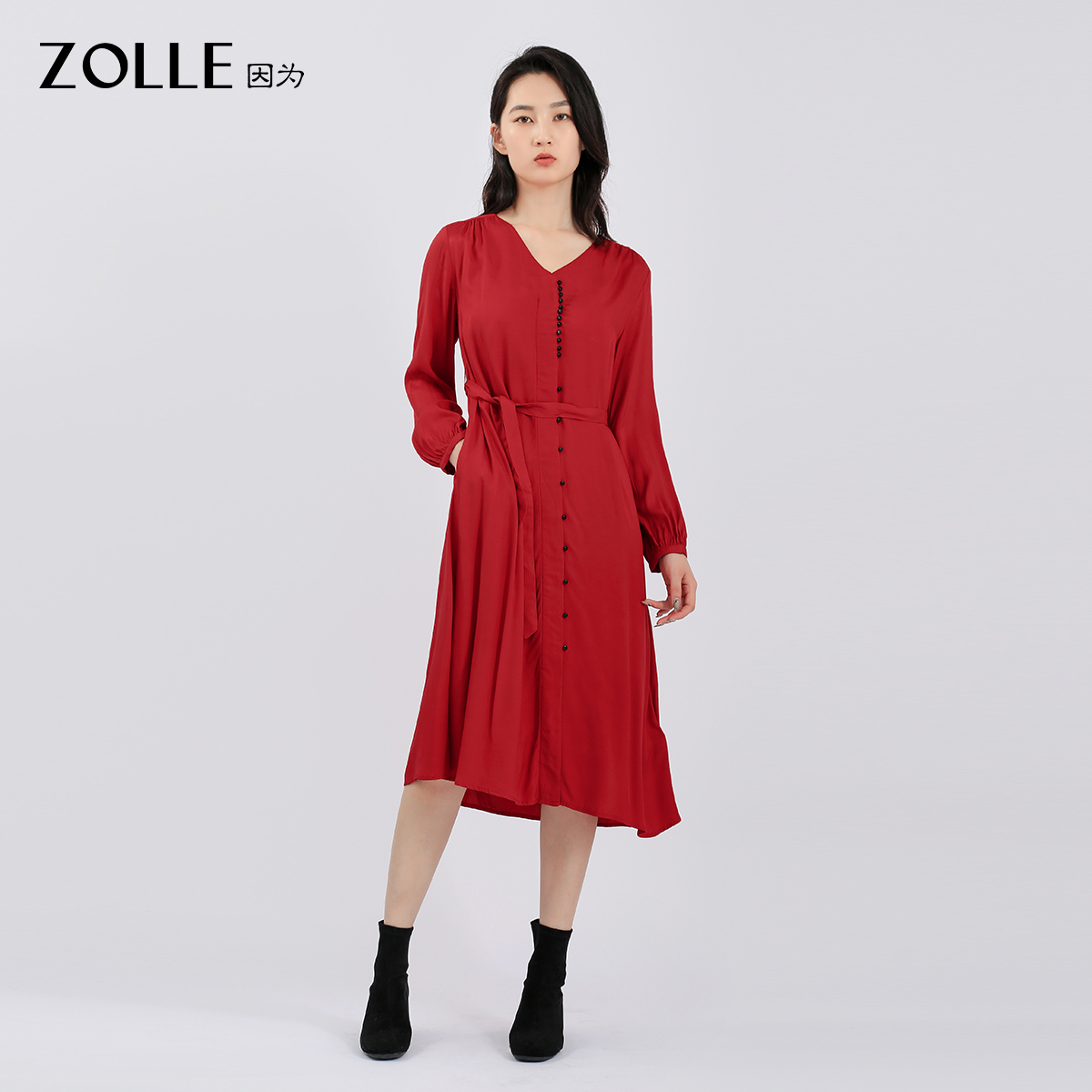 【ZOLLE因为】经典款V长袖礼服连衣裙女气质百搭秋冬新品