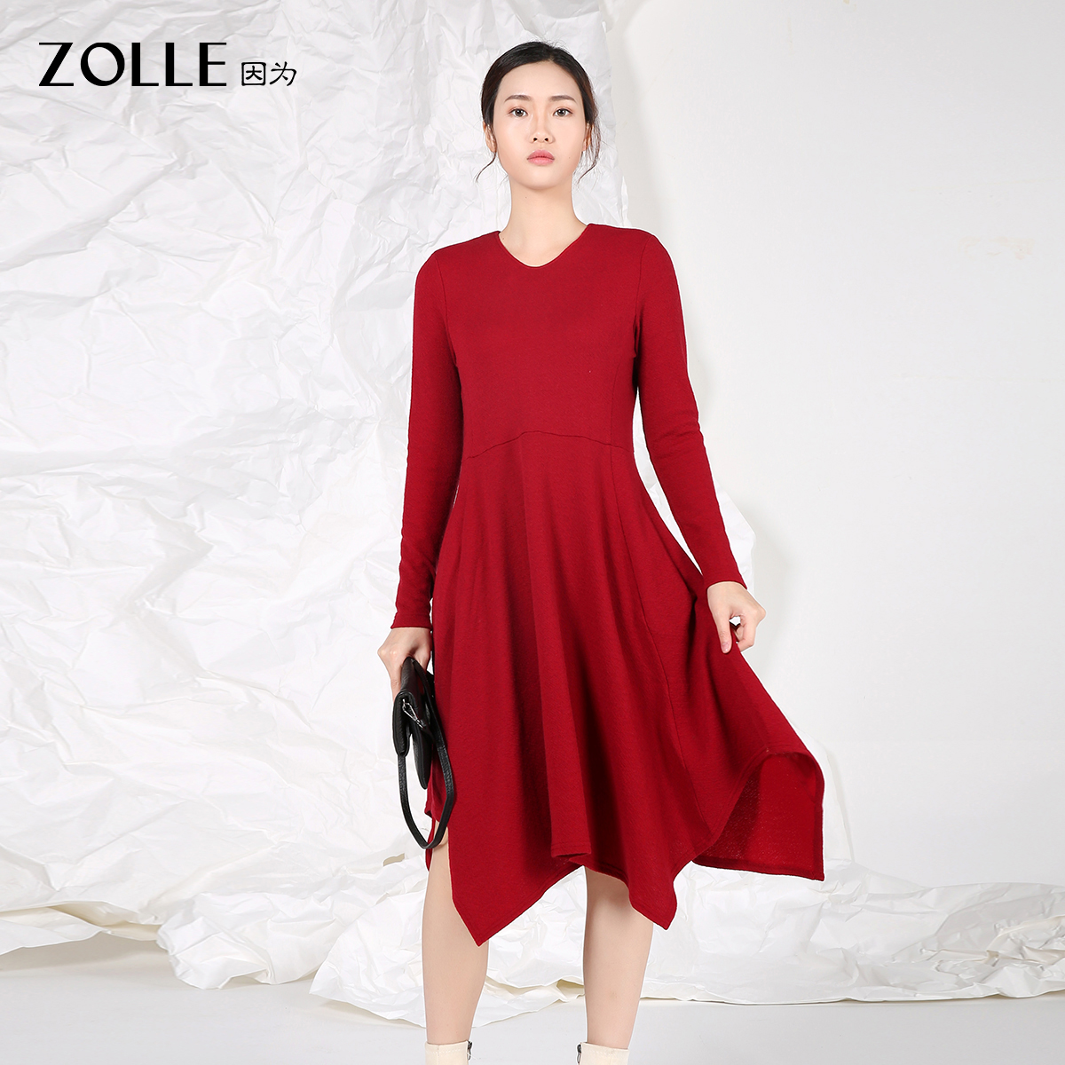 【ZOLLE因为】大衣叠穿亲肤修身显瘦连衣裙秋冬新款