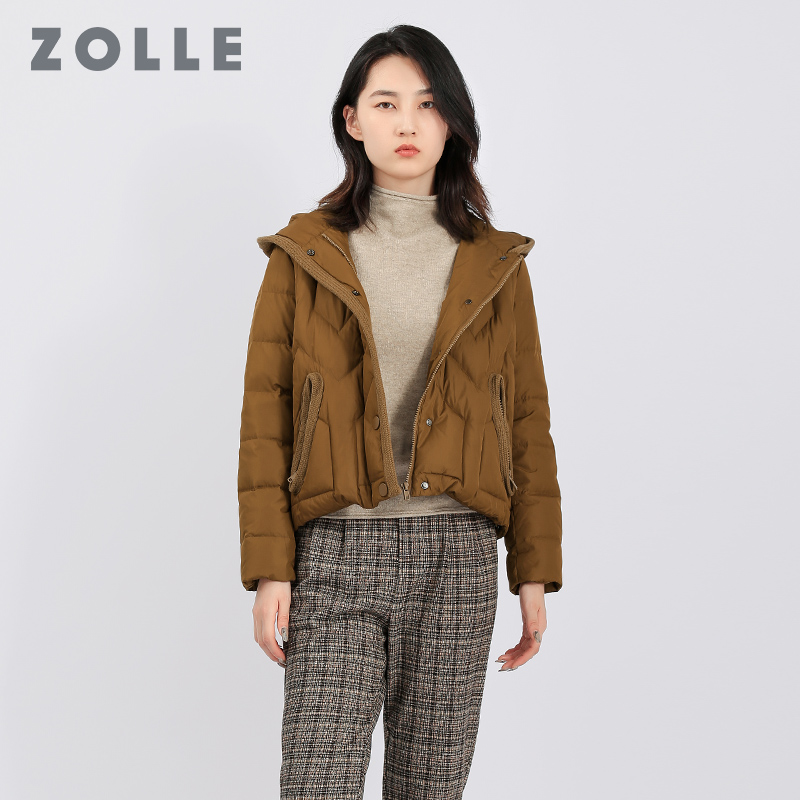 ZOLLE因为冬季新款纯色百搭保暖羽绒服设计款气质连帽女上衣外套