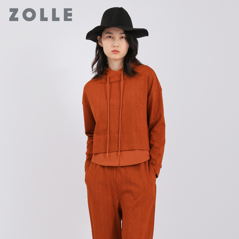 ZOLLE因为秋冬新款纯色百搭女上衣时尚抽绳显瘦卫衣假两件套头衫