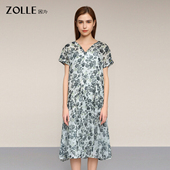 ZOLLE因为原创花型显瘦V领短袖 桑蚕丝 翻领连衣裙