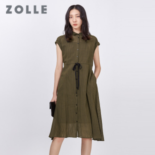 ZOLLE因为夏季新款条纹显瘦翻领连衣裙系扣抽绳中长款女裙子