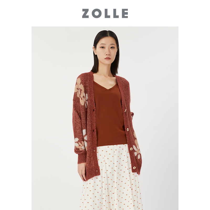 ZOLLE因为秋冬新款时尚百搭保暖外套气质花朵元素毛衫针织开衫