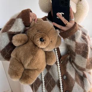 可爱秋冬獭兔毛小熊公仔手机包真毛绒包包卡通女生单肩斜挎皮草包