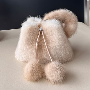 新款 水貂毛小水桶包包女毛绒毛球皮草包包轻奢真毛百搭斜挎手拎包