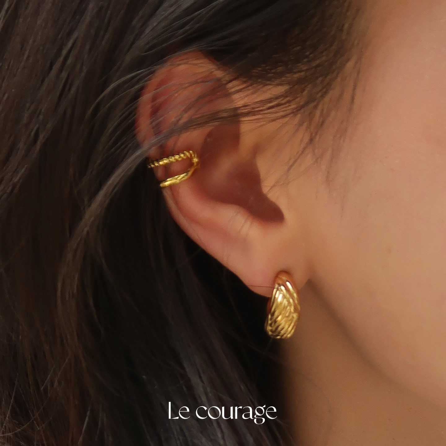 Le courage | 简约设计麻花编织双层圆环无耳洞镀金开口耳夹耳挂