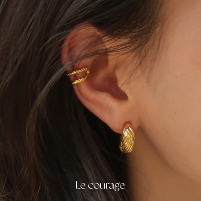 Le courage | 简约设计麻花编织双层圆环无耳洞镀金开口耳夹耳挂