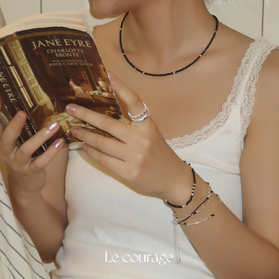 百搭时髦S925银黑晶石银管串珠素链项链手链 courage