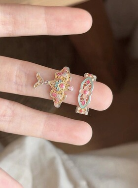 国风珐琅彩纸鸢戒指小众设计高级感新中式镂空繁花叠戴可调节戒指