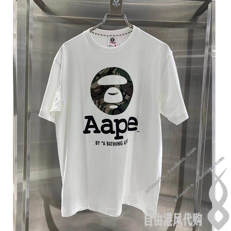 潮牌aape男士T恤迷彩猿人头印花