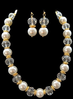 中古Vintage 欧美气质夸张琉璃珍珠混搭串珠项链耳钉套装百搭气质