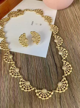 中古Vintage做旧镂空扇形项链耳饰套装 气质百搭款高级设计感项链