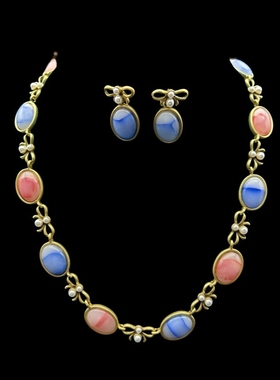 中古Vintage复古椭圆撞色简约蝴蝶结珍珠锁骨项链耳钉高级设计感