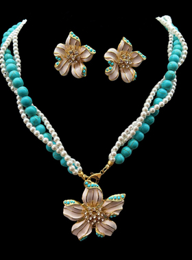 珐琅工艺绿松石珍珠混搭花朵