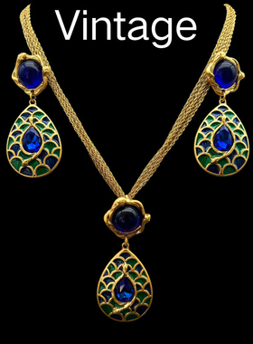 Vintage中古撞色珐琅釉工艺 灵蛇浮雕 重工 气质百搭项链耳钉套装