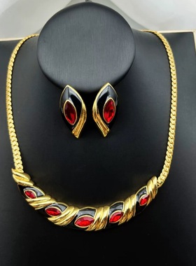 中古Vintage手工珐琅设计感黑金撞色耳钉项链气质个性百搭款套装