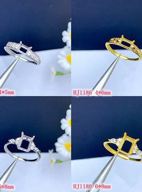 S925银空托戒指长方形小众多尺寸