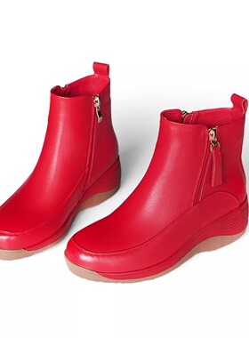 红色头层牛皮真皮冬季加绒纯羊毛短靴女厚底侧拉链软皮软底不累脚