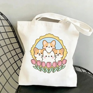 软萌柯基猫咪郁金香帆布袋 大容量通勤 tote bag 卡通动物单肩包